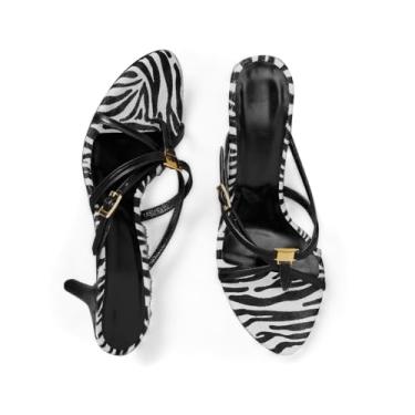 Imagem de RUSAUISE Sandálias de salto gatinho dedo do pé amêndoa aberto sandálias sem cadarço com fivela cruzada com tiras elegantes sapatos elegantes para festa de casamento, Zebra, 35
