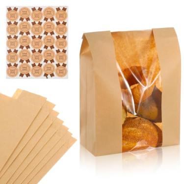 Imagem de PercyEffie Pacote com 120 sacos grandes de papel Krafts para pão com trava de estanho, janela transparente de 35,5 x 21 x 8,9 cm para armazenamento caseiro de pastelaria Sourdough, inclui 600 adesivos