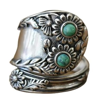 Imagem de Anéis de abertura vintage étnicos embutidos sintéticos turquesa esculpida com estampa de flor para mulheres e homens, festa, carnaval, estilo boêmio, joias, adjustable, Cobre, Turquesa sintética