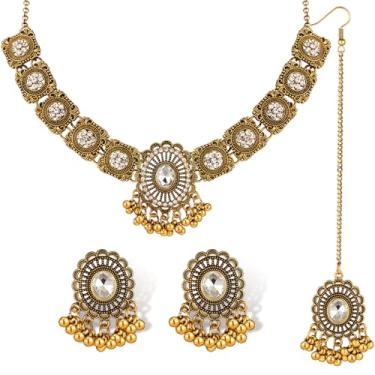 Imagem de Quelay Conjunto de 3 peças de joias indianas para mulheres indianas tradicionais gargantilhas colar brincos testa joias presentes strass Maang Tikka Bridal Wedding Prom Set, 0.94 x 1.45 inches, ligas