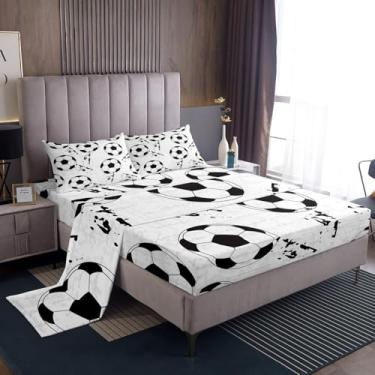 Imagem de jejeloiu Jogo de lençol King com estampa de futebol, futebol americano, para meninos e meninas, tema esportivo, jogos, lençol com elástico para decoração de quarto