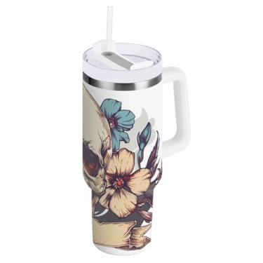 Imagem de STAYTOP Copo de caveira de 850 g com tampa e canudo, copo isolado de aço inoxidável durável à prova de vazamento com alça, garrafas de água à prova de derramamento para viagens