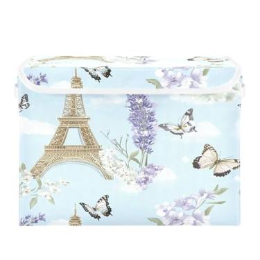 Imagem de CEBUGI Caixas de armazenamento com tampas caixa de armazenamento de tecido dobrável Torre Eiffel compartimentos organizadores de cubo para armário de casa prateleiras de quarto 40 x 30 x 39 cm
