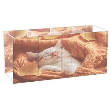Imagem de Burbuja Porta-canetas de acrílico para gatos dormindo com 4 compartimentos, suporte de lápis transparente para pincéis de maquiagem, acessórios de mesa de escritório em casa
