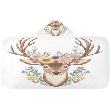 Imagem de Burbuja Toalha de banho com capuz de flores de cabeça de veado para crianças, toalha de praia de pelúcia macia absorvente para meninas e meninos 3-10 anos, 61 x 127 cm