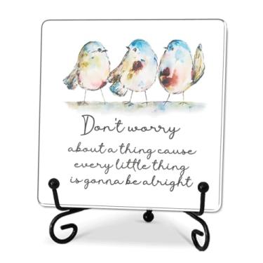 Imagem de Placa de bloco de acrílico natural de 10 cm, Every Little Thing Is Gonna Be Alright - Placa acrílica rústica com 3 pássaros, ideia de decoração de mesa, sala de estar, estante de livros, presente
