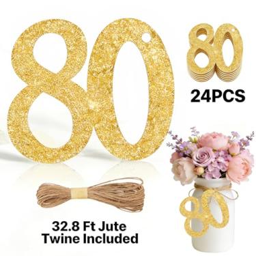 Imagem de ALISSAR 24 peças de etiquetas de ouro 80 números com barbante de juta de 80 metros – decorações de aniversário de 80 anos, artigos de festa de 80 anos, peças centrais de pote de pedreiro, kit de