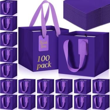 Imagem de Windyun 100 mini sacos de presente de papel com alça 15 x 15 x 15 cm quadrada pequena bolsa de lembrancinha com etiqueta de agradecimento faça você mesmo para Natal, aniversário, casamento, chá de
