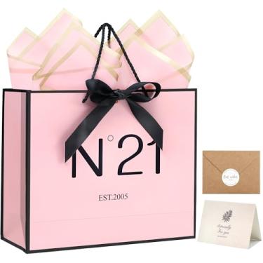 Imagem de KeerxunBag Conjunto de sacolas de presente para meninas de aniversário de 21 anos - bolsa de presente rosa com alças, inclui cartão, envelope, adesivos, fita de laço e papel gelatinoso (tema EST. 2005