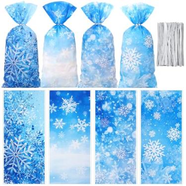 Imagem de Yexiya 100 unidades de sacos de guloseimas de celofane de inverno com laços torcidos 27 x 12 cm, flocos de neve, princesa, doces, biscoitos, lanches para festas de aniversário, Natal, País das