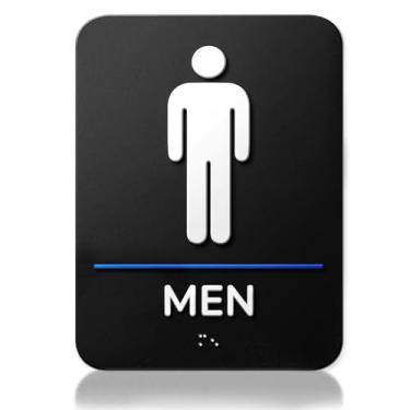 Imagem de Placa de banheiro masculina em conformidade com braille de grau 2 - Sinalização de banheiro de acrílico preto fosco para uso comercial, escritório e comercial - decoração de parede de 15 x 20 cm