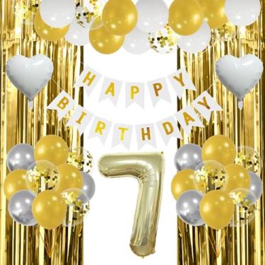 Imagem de Champagne Gold Balloons 7th Birthday Decoration Boy Blue Happy 7 Birthday Party Balloons Garland Kit 7th Birthday Supplies with Gold Number 7 Balloon Foil Balloons for 7 Year Old Teens Boys Decor Gold