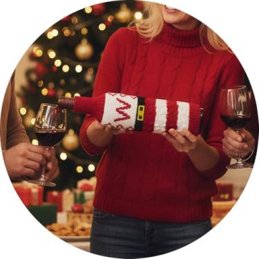 Imagem de Capa de garrafa de vinho, decoração de mesa de Natal divertida para festas de fim de ano, manga de vinho de malha para troca de presentes, decoração de casa