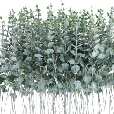 Imagem de MAQUITA 100 peças de hastes de eucalipto, folhas artificiais de eucalipto, decoração de folhas de eucalipto, ramo para centro de mesa de casamento, buquê de flores, casa de fazenda, casa