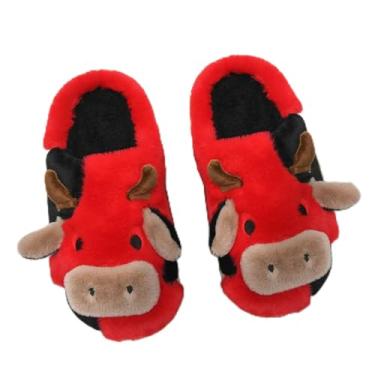 Imagem de Chinelos de vaca felpudos para crianças fofas de vaca fofa, chinelos de casa, crianças, meninas, meninos, desenhos animados, sapatos de casa para uso interno e externo, Vermelho, 10.5-12 Little Kid