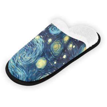 Imagem de Chinelos de quarto portáteis de dragão unicórnio ovos de Páscoa para mulheres, chinelos de casa masculinos, chinelos de hospital 35-45, Pintura a óleo de céu estrelado, 5-8 US Women/5-8 US Men