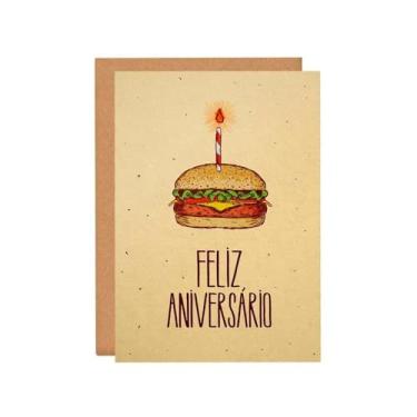 Imagem de Cartão de Aniversário Hambúrguer, Papel Texturizado 250g, 21x14,8cm, com Envelope Kraft e QR Code, Feliz Aniversário