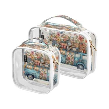 Imagem de GAIGEO Ônibus retrô com estampa de primavera, pacote com 2, bolsa transparente para viagem, bolsas transparentes de maquiagem para viagens, Caminhão azul claro com borboletas, one size
