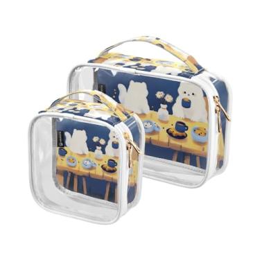 Imagem de GAIGEO Conjunto de 2 bolsas de maquiagem transparente para animais de ovelha, plantas, verde-petróleo, colagem, bolsa de viagem, produto de cabelo, Cachorrinho branco comendo giz de cera de desenho