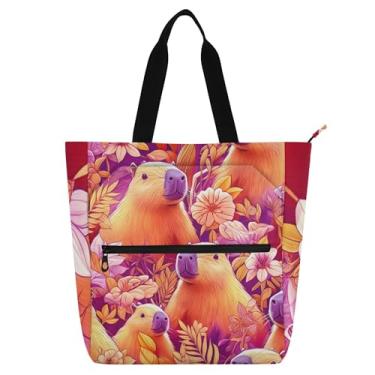 Imagem de GAIGEO Bolsa feminina floral de desenho animado capivaras bolsa de trabalho de lona com zíper bolsa de praia para professores com compartimentos