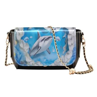 Imagem de GAIGEO Bolsa de couro com zíper de pato de borracha amarela, bolsas de viagem transversais de couro para mulheres, Dimensional Shark Underwater World, One Size