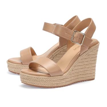 Imagem de Sandálias femininas de verão plataforma sandálias anabela tira no tornozelo sandálias de bico aberto salto alto, Caqui, 8