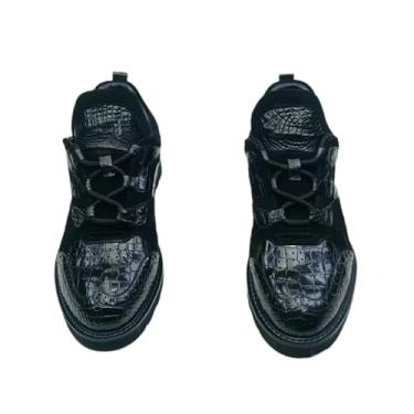 Imagem de Tênis masculino autêntico de couro de crocodilo genuíno preto marrom cano médio couro de jacaré exótico masculino com cadarço, Preto, 39