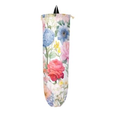 Imagem de GAIGEO Dispensador de sacola de compras para parede com borda floral em aquarela, organizador de bolsa de armazenamento de cozinha, suporte de sacola de compras para sacolas plásticas