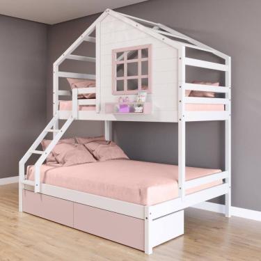 Imagem de Beliche Casinha Com Janela Casal/solteiro 02 Gavetas Rosa Madeira Maciça Branco/ Rosa Housin