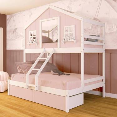 Imagem de Beliche Casal/ Solteiro Casinha Sonhos Com 02 Gavetas Rosa Madeira Maciça Rosa/ Branco Megamobilia