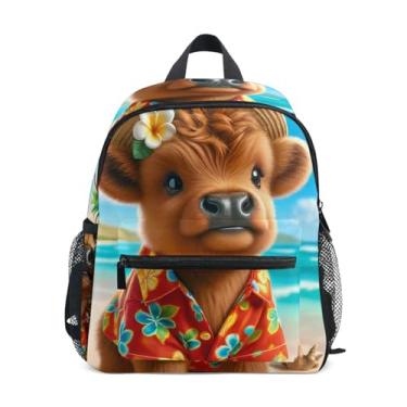 Imagem de GAIGEO Highland Cow Tropical Beach Backpack for Baby with Whistle, 2 Bottle Pockets, Lightweight, Backpacks for Preschool 10x4x12 In, for Ages 3-8