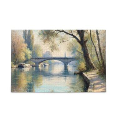 Imagem de Quebra-cabeças com imagem de 1000 peças, ponte, árvores de rio, composto de papel e madeira, quebra-cabeças adultos para homens com suporte de letras
