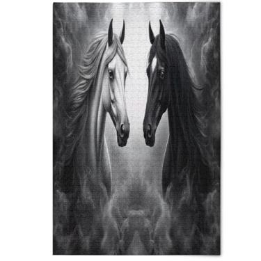 Imagem de Quebra-cabeça de cavalo legal preto cinza adultos 500 peças, presentes de elefante branco para família, quebra-cabeças legais para adultos, arte de decoração de casa, 500 peças, 52 x 37,8 cm