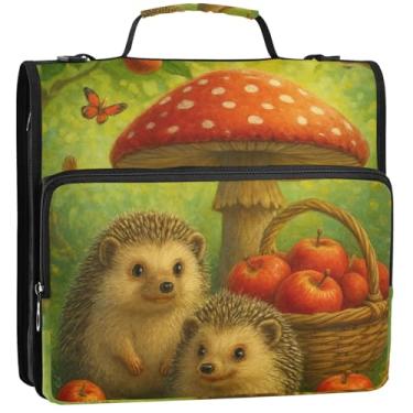 Imagem de Lindo organizador de fichário com zíper de 3 cm, 3 argolas de ouriços, verde cogumelo, vários bolsos, pastas grandes com alça para escola, 34,5 x 31,5 x 9 cm