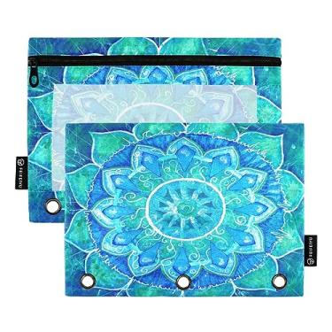 Imagem de Bolsa de lápis mandala turquesa para fichário com 3 anéis, bolsa de lápis com zíper, para trabalhadores, material escolar resistente, bolsa de lápis