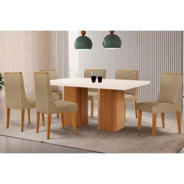Imagem de Sala Jantar Mesa Maldivas Tampo c/ Vidro Curvo 180cm+6 Cadeiras Dakota Madeira Naturale/Off White - Capuccino/Linho Bege - Rufato