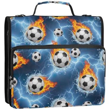 Imagem de Bolas de futebol, chamas de água, fichários de 3 cm, 3 anéis, organizador de fichário resistente, bolsa de fichário para ensino médio com alça de armazenamento com alça, 34,5 x 31,5 x 9 cm