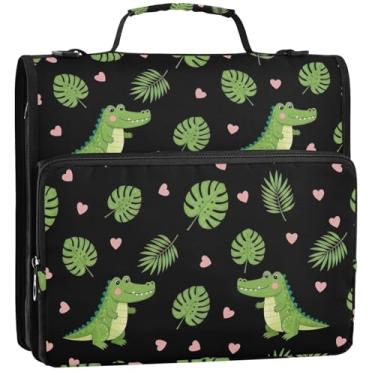 Imagem de Fichários fofos de animais verdes de 3 anéis, 3 anéis, bolsa organizadora de fichários escolares com alça de ombro, carteira de documentos, comporta 500 folhas, 34,5 x 31,5 x 9 cm