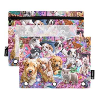 Imagem de Bolsa para lápis de escritório, 3 anéis, fichário com zíper, bolsa para lápis, caneta, escola, transparente, fichário, bolsos, coloridos, fofos, cachorros, 25 x 18 cm, 2 pacotes
