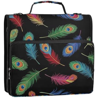 Imagem de 3 fichários para fichários de 3,8 cm Anel D colorido penas de pavão preto com zíper bolsa organizadora de fichários escolares com alça de ombro, pasta básica de portfólio de armazenamento com alça