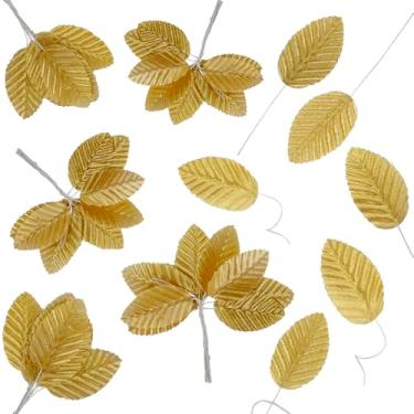 Imagem de Rowbaty 200 peças de folhas artificiais douradas com hastes de arame, palitos de folhas de vegetação sintética de tecido de seda para artesanato DIY, guirlandas, buquês, arranjos florais, decoração de