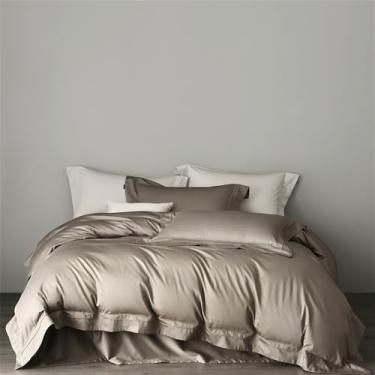 Imagem de Conjunto de cama em cetim de algodão, cor sólida, macio e sedoso, com capa de edredom, lençol de baixo, lençol de baixo com elástico e fronhas, marrom claro, lençol de baixo com elástico de 1,5 m.