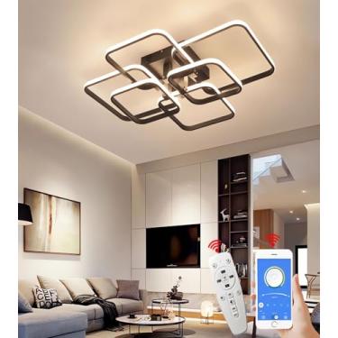 Imagem de Luminária de teto LED moderna e regulável para sala de estar com controle remoto e mudança de cor, ideal para quarto, cozinha e sala de jantar (preta, 6 anéis).