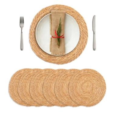 Imagem de Jogo americano redondo de tecido, conjunto de 6, jogo americano de vime boho de 33 cm, carregadores de vime para pratos de jantar, jogo americano de vime rústico natural para decoração de mesa de