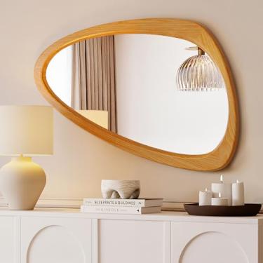 Imagem de Wiserset Espelho irregular, espelho de parede assimétrico de 48 x 76 cm, espelhos abstratos com moldura de madeira de pinho para sala de estar, quarto, banheiro, entrada