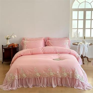 Imagem de Conjunto de cama de algodão estilo vintage com babados e estampa de rosas, incluindo capa de edredom, saia de cama e 4 peças (2,2 x 2,2 m).
