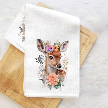 Imagem de Toalhas de cozinha de veado floral, caramelo artístico decorativo absorvente pano de prato de microfibra toalha de chá, toalhas de mão de trama waffle para casa de banho cozinha, presentes de