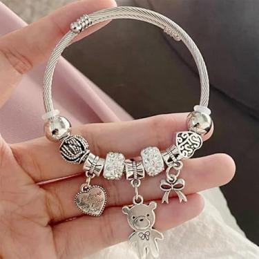 Imagem de Pulseira com contas antigas, pingente de urso, coração ajustável, pulseira feminina, faça você mesmo, joia presente