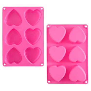 Imagem de 2 moldes de silicone em forma de coração, 6 furos, moldes de silicone para assar, bolo, chocolate, sabonete, vela (rosa)