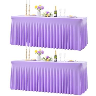 Imagem de Toalha de mesa roxa para mesas retangulares de 2,3 m, capa de mesa elástica de elastano com saia para chá de bebê, festa de aniversário, banquete, babados, toalha de mesa de casamento, saia de mesa, 2